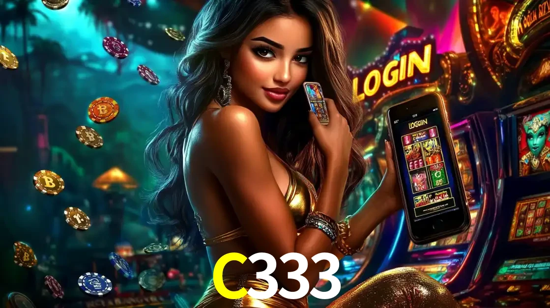 Mulher em um cenário de cassino temático de aventura, mostrando o app de caça-níqueis da C333 no celular. Fichas de apostas flutuam ao redor.