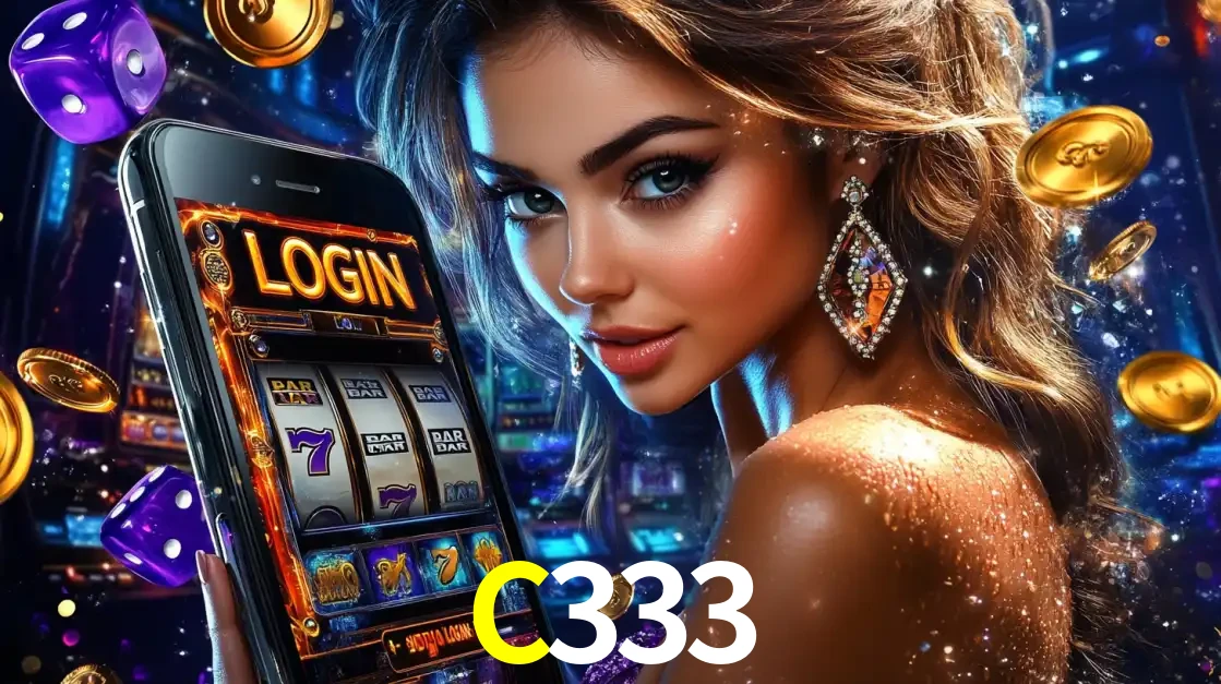 Mulher glamorosa segurando um smartphone com a tela de login para os jogos de caça-níqueis do cassino online C333, com moedas de ouro e dados ao redor.