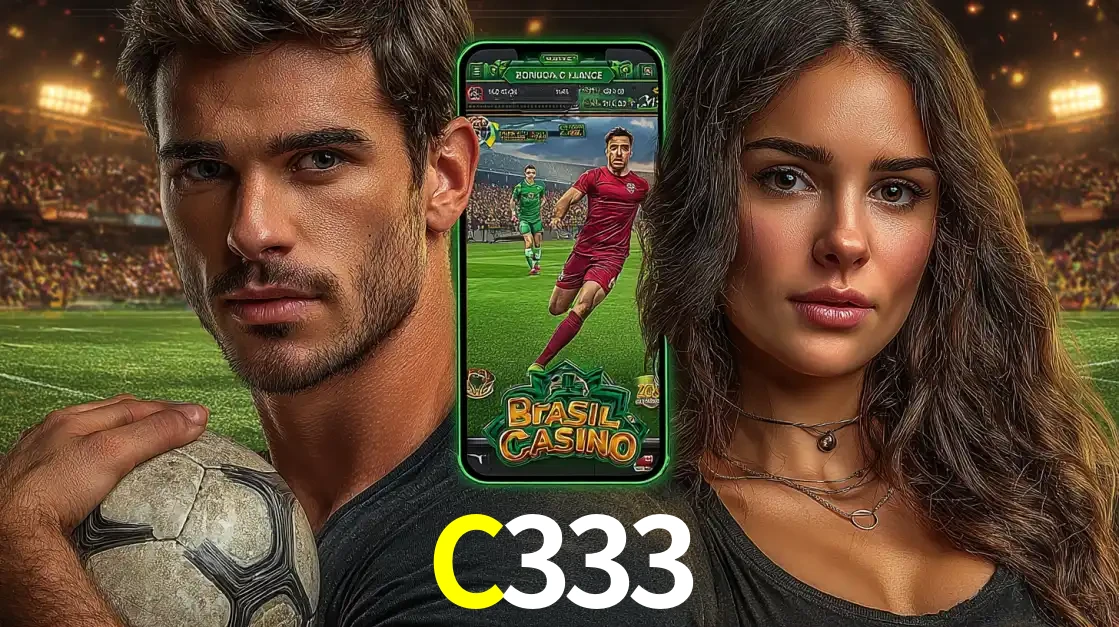Homem segurando uma bola de futebol e uma mulher ao lado de um smartphone exibindo o jogo de apostas esportivas da C333. Faça seu palpite no cassino online.